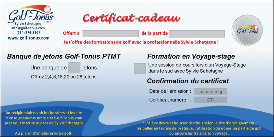 Formulaire certificat cadeau Golf-Tonus